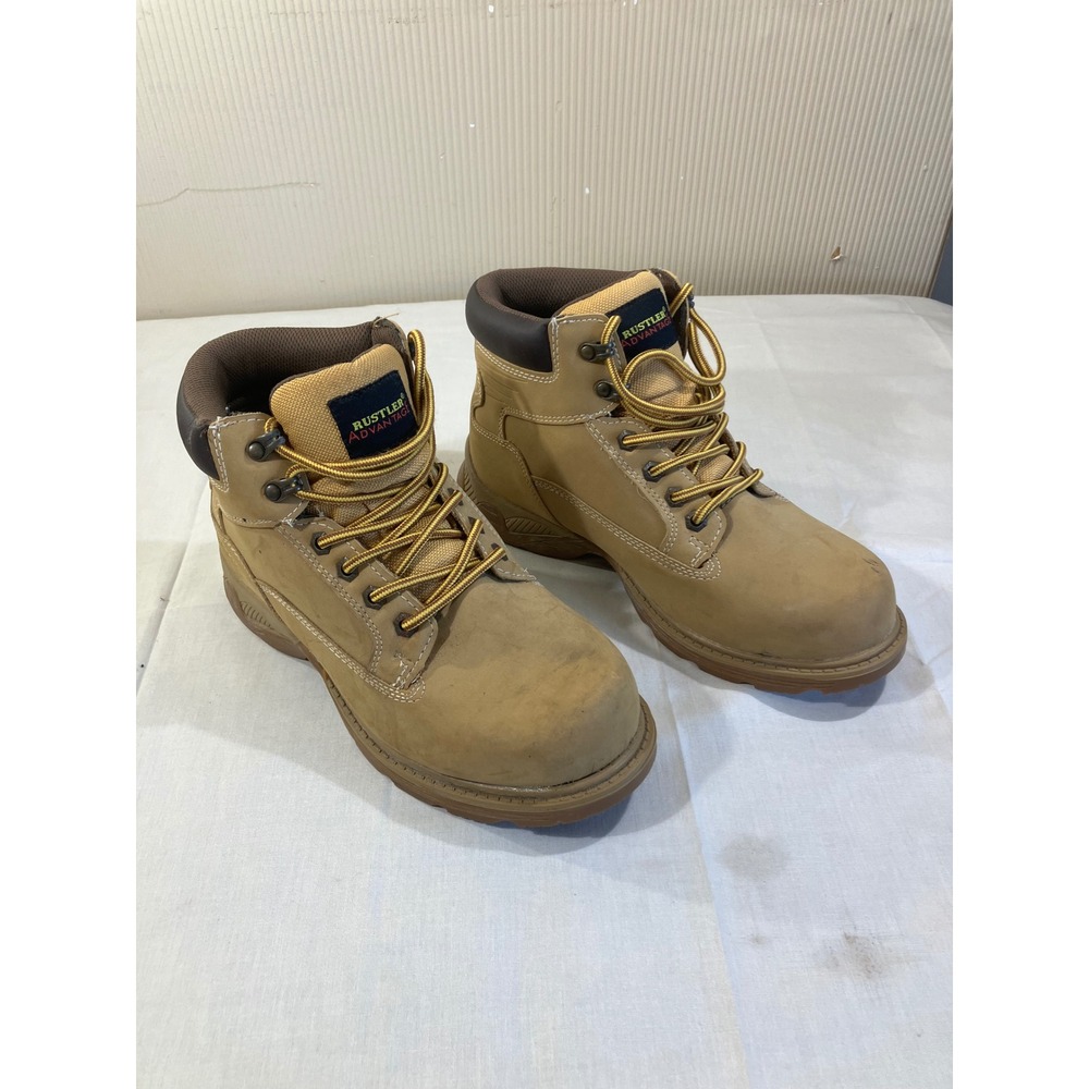 Rustler Advantage Mens NOCK Work Boots Tan Wheat Size 8.5W Wide Mid Top Lace Up